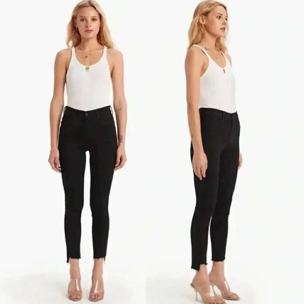 Mother The Stunner Zip Ankle Step Fray Jeans In Not Guilty Black Wash Size 27